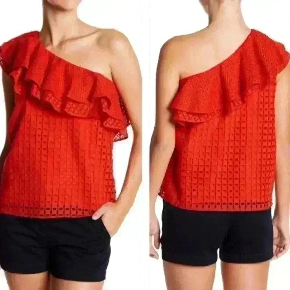 J Crew Womens Red Orange One Shoulder Ruffled Eyelit Chic Summer Statement Top 2
